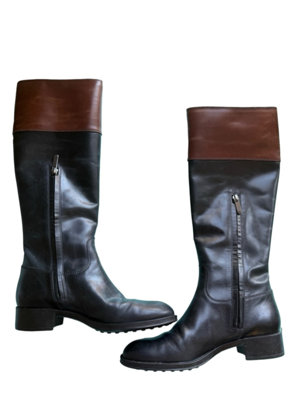 Tod’s Progetto Gomma Two Tone Leather Knee High Riding Boots Black Brown Size 36 - Picture 3 of 14